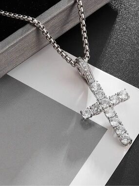 New Silver Ice Out Cross Pendant Tennis Chain Necklace 23” Bling Hip-Hop Jewelry